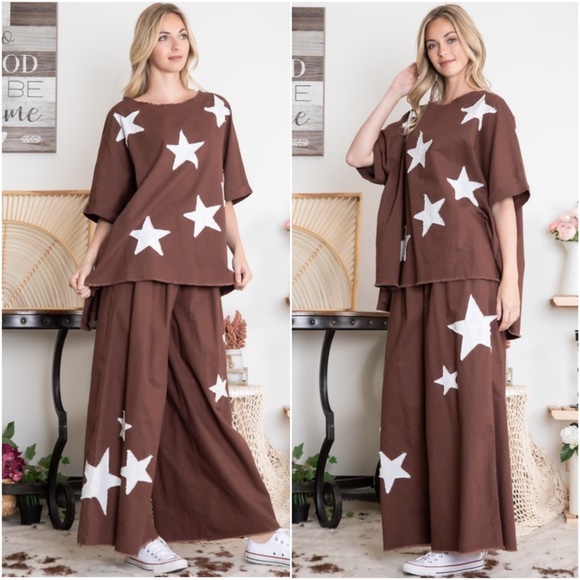 Bluevelvet Brown Cotton Star Print Raw hem Short Sleeve Top Wide Leg Pants Set - Picture 1 of 2